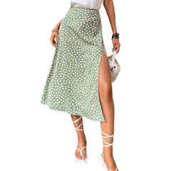 Split Thigh Allover Print Skirts Slit Long Length High Waist With Zipper Slight Stretch