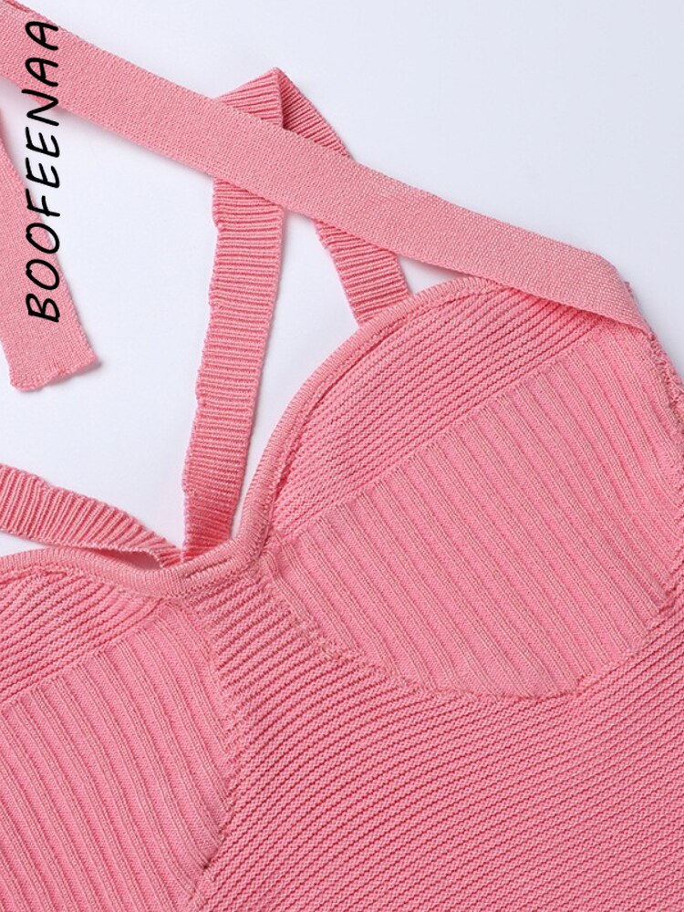 BOOFEENAA Sexy Cross Halter Tank Tops for Women 2022 Summer Pink Knitted Backless Tight Fitted Crop Top Clubwear C68-CZ10