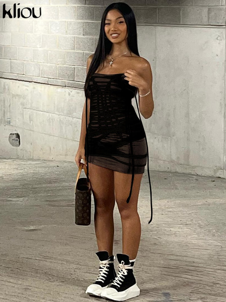 Kliou Classic Solid Mini Dress Women Sexy Drawstring Hipster Wrapped Chest Bodycon Bandage vestido Activewear Female Clothing