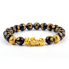 Unisex Stone Beads Bracelet Wristband Gold Color Six Character Proverbs Wealth and Good Luck