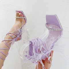 Eilyken Fashion Summer Rhinestone Feather Women Sandals Lace-up Cross-Tied Sexy Gladiator Square Toe Ladies High Heel Shoes