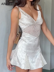 Articat Satin Lace Sheer White Slim A-line Tank Mini Dress Women Sexy V-Neck Printing Silk Suspender Dress 2023 Spring New OOTD