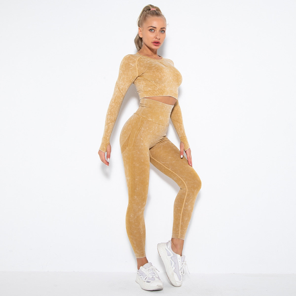 Women Seamless High Waist Yoga Set Long Sleeve Crop Top High Waist Leggings