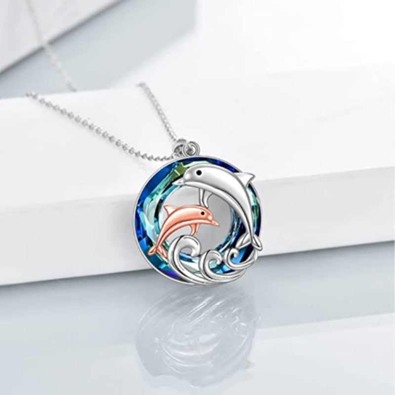 Ladies Fashion Animal Pendant Necklace Cute Mother Daughter Dolphin Crystal Jewelry Anniversary Birthday Mother's Day Gift