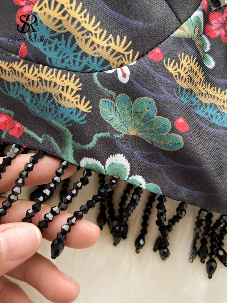 SINGREINY Embroidery Chinese Women Summer Set 2022 Zipper 2 Piece Sets Tassel Retro Sexy Slim Vacation Beach Two Piece Sets