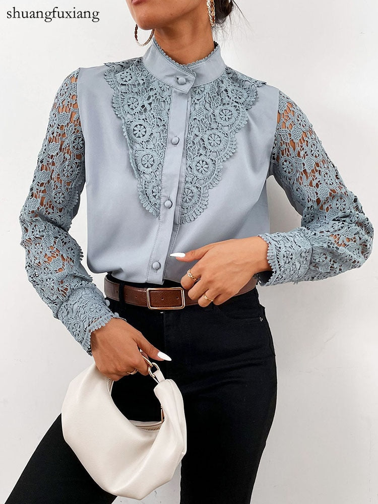 Women Sexy Lace Patchwork Hollow Out Shirt Blouse Long Sleeve O-Neck Mesh Design Tops 2022 Spring White Vintage Button Shirts