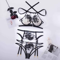 Ellolace Lingeries Fancy Underwear 3-Pieces Sensual Erotic Sets Luxury Lace Transparent Halter Bra Cut Out Panties Intimate Set