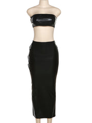 Graceful in Leather: The Two-Piece Skirt and Crop Top Set