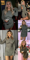 Illusion Bodycon Mini Dress O-Neck Split Flare Sleeve Wrap Skirt Solid Slim Bodycon