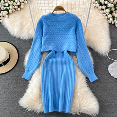 Elegant Slim Two Piece Sets Sweater Dress High Waist Knitted Ensemble Long Dress