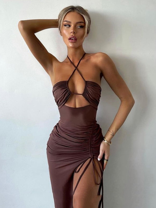 Sophia's Halter Backless Sleeveless Cut Out Maxi Dress Elegant Slit Dress