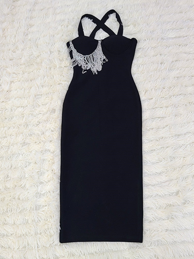 Women Summer Sexy Key Hole Diamonds Tassel Crystal Midi Black Bodycon Bandage Dress 2022 Elegant Evening Party Dress Vestido