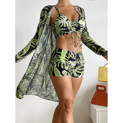 Tropical High Waist Bikini Three Pieces - Long Sleeve Cover Up Swimsuit Bathing Suit