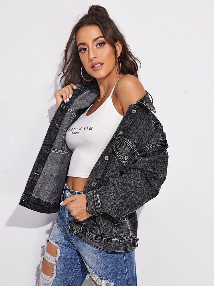 oose Retro Black Denim Jacket Streetwear Female Washed