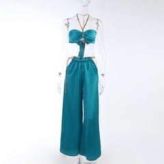 BOOFEENAA Sexy Satin Two Piece Set Metal Chain Baggy Wide Leg Pants and Crop Top 2022 Summer Beach Vacation Outfits C68-EE36