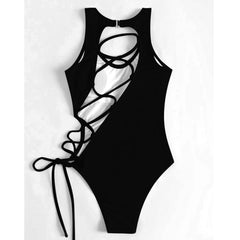 Solid High Cut Swimwear Sexy Backless Cross Hollow Tied One Piece Swimsuit