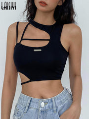Crop Top Women Hollow Out Black Blouses Sleeveless Skinny Cool Punk T Shirts Techwear 2022 Summer New Sexy Tank Tops Y2k Clothes