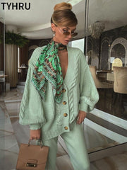 TYHRU Women Knitting 2-pieces sweater Suit Hemp Flower V-neck Single-Breasted cardigan + Pants lady winter sweater Set