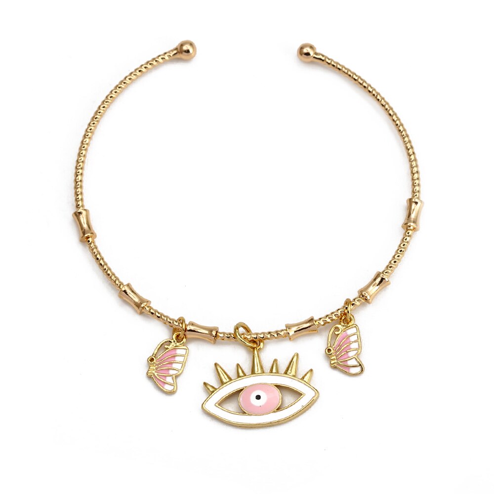 Lucky Eye Turkish Blue Evil Eye Bangle Copper Adjustable Fatima Hand Charm Cuff Bracelet