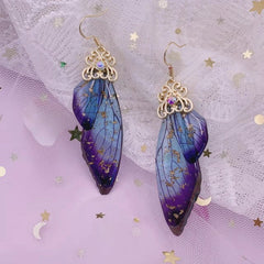 Handmade Butterfly Wing Drop Earrings with Foil Rhinestones