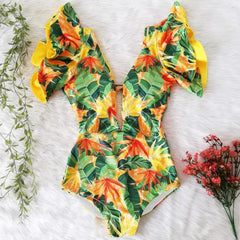 Ruffle Print One Piece Swimsuit Off The Shoulder Solid Deep-V Bathing Suit