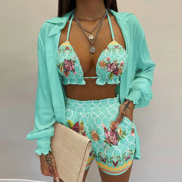 Lantern Sleeve Shirt &amp; Pocket Design Shorts Sets With Frill Hem Crop Top