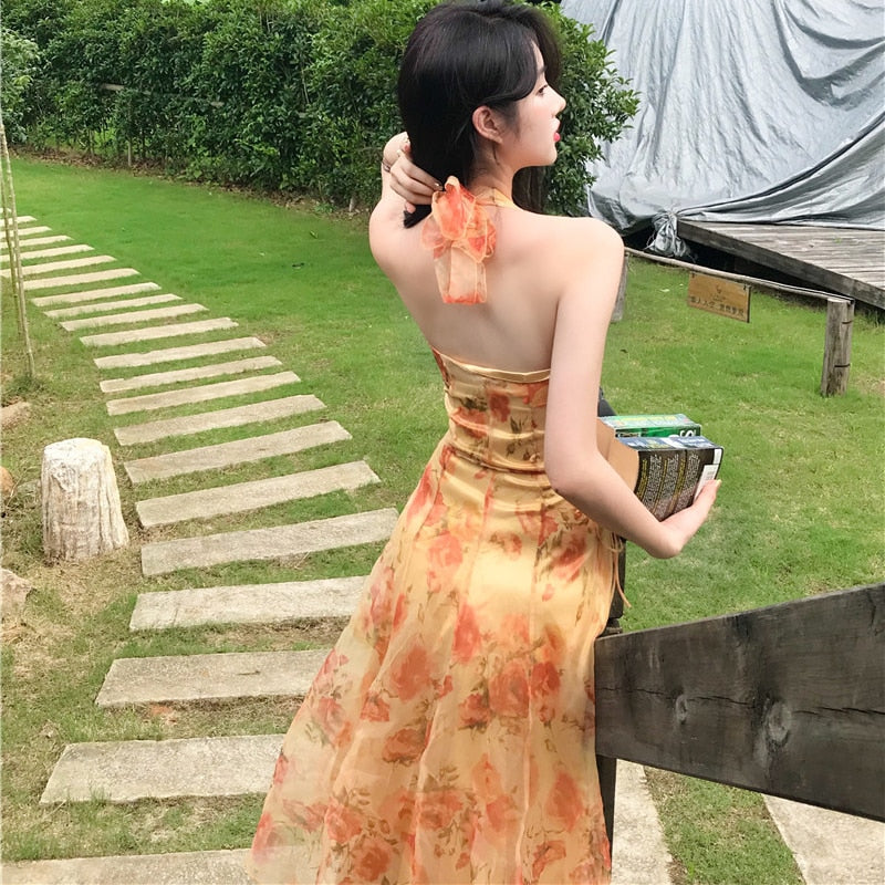 Women Midi Floral Halter Slip Dress Summer 2022 Vintage Painting Flowers Backless Casual Party Night Vacation Runway Vestidos