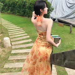 Women Midi Floral Halter Slip Dress Summer 2022 Vintage Painting Flowers Backless Casual Party Night Vacation Runway Vestidos