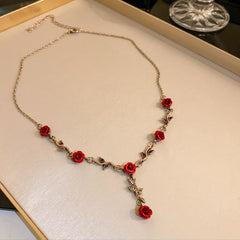 Vintage Red Rose Flower Necklace Bracelet Earring Jewelry Set Tassel Earring Clavicle Chain