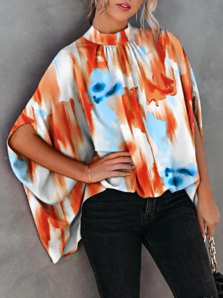 Casual Loose Women Blouse  Batwing Sleeve Print O-neck