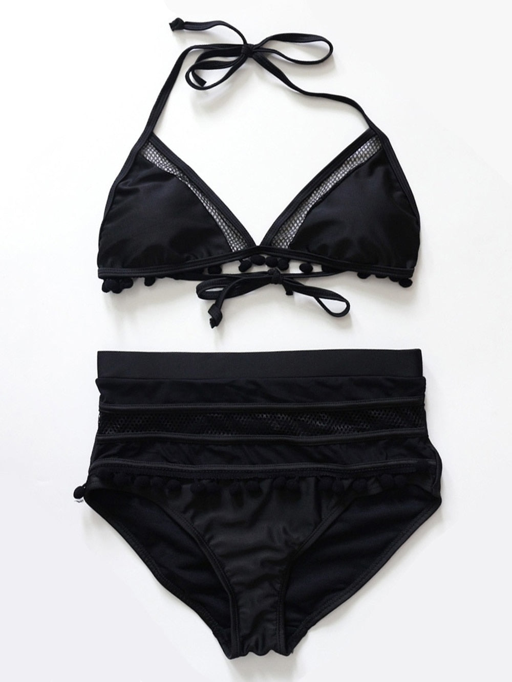 2022 Sexy Halter Retro Mesh Hollow Out String Biquini Bath Suit Swimsuit High Waist Pompones Pom Swimwear Women Triangle Bikini
