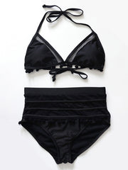2022 Sexy Halter Retro Mesh Hollow Out String Biquini Bath Suit Swimsuit High Waist Pompones Pom Swimwear Women Triangle Bikini