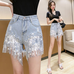 2022 Women Spring Summer New Elegant Shorts Lady Tassel Beading High Waist Wide Leg Denim Shorts Female Casual Solid Shorts