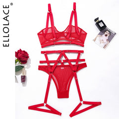Ellolace Sensual Lingerie Bandage Transparent Erotic Underwear 3 Piece Bilizna Set Underwire Bra Garters Briefs Sexy Intimate