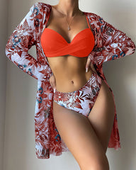 Floral Print Bikini Set - Low Waist Twist Swimsuit Long Sleeve Cover Up Three Pieces Beach Bathing Suit