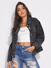 oose Retro Black Denim Jacket Streetwear Female Washed