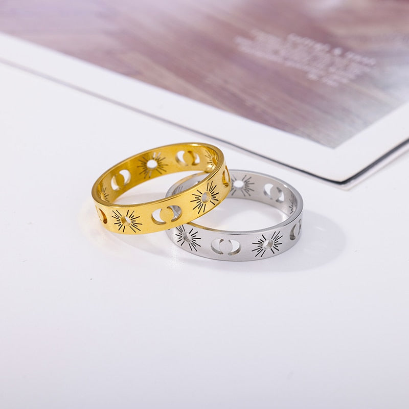 Stainelss Steel Sun Moon Rings For Women Aesthetic Gold Plated Wedding Couple Rings Christmas Jewelry Gift Anillos Wholesale