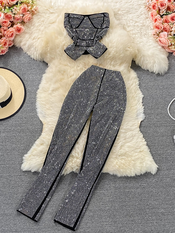 Sexy Women Black/White Diamonds Two Piece Set Party Slash Neck Off Shoulder Camis Tops + High Waist Pants Female Suit Autumn New