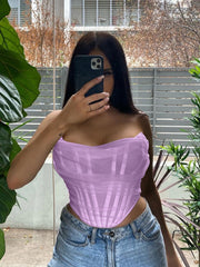 Cryptographic Sleeveless Fashion Strapless Bustier Corset Crop Tops Female Mesh Backless White Women Tops Zipper Summer 2022
