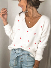 Fitshinling V Neck Embroidery Heart Sweater