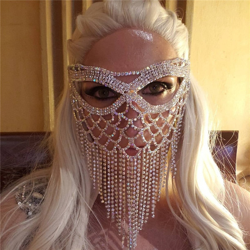 Belladonna Rhinestone Chain Veil Mask