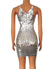 Sparkly Silver Mirrors Sleeveless Dress Evening Birthday Celebrate Outfit Party Sexy Costume Dancer Performance Show Clothes