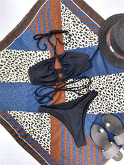 Drawstring Bandage Bikini Set 2 Pieces Set Solid Swimsuit