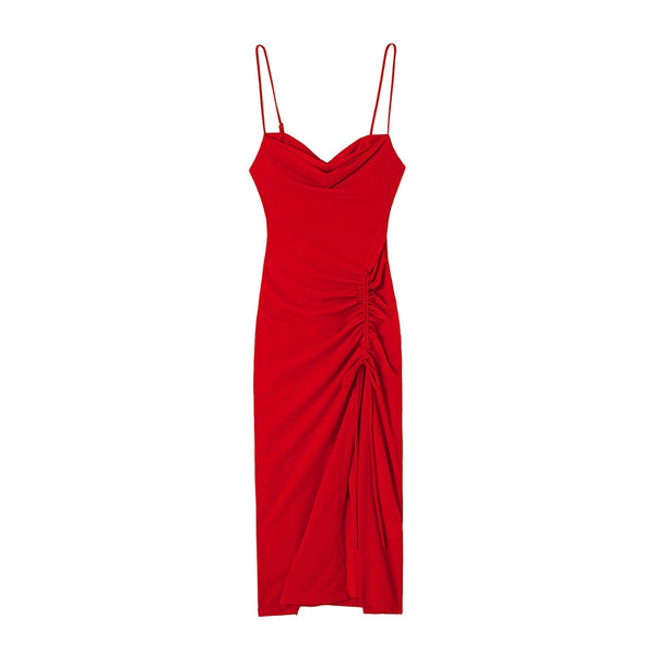 Dresses For Women Party Cowl Neck Sleeveless Spaghetti Strap Summer Midi Dress Ruched Drawstring Front Slit Sexy Bodycon Dress