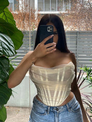 Cryptographic Sleeveless Fashion Strapless Bustier Corset Crop Tops Female Mesh Backless White Women Tops Zipper Summer 2022