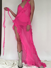 Articat See Through Sling Maxi Dress Trimmed Agaric Lace Women Sexy V-Neck Asymmetrical Beach Holiday Dress 2023 New Vestido