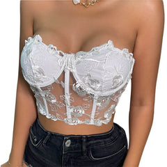Women's Tube Top Camisole Adult Solid Color Lace Hollow-Out Sleeveless Backless Spaghetti Strap Crop Tops Summer Camis
