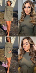 Illusion Bodycon Mini Dress O-Neck Split Flare Sleeve Wrap Skirt Solid Slim Bodycon