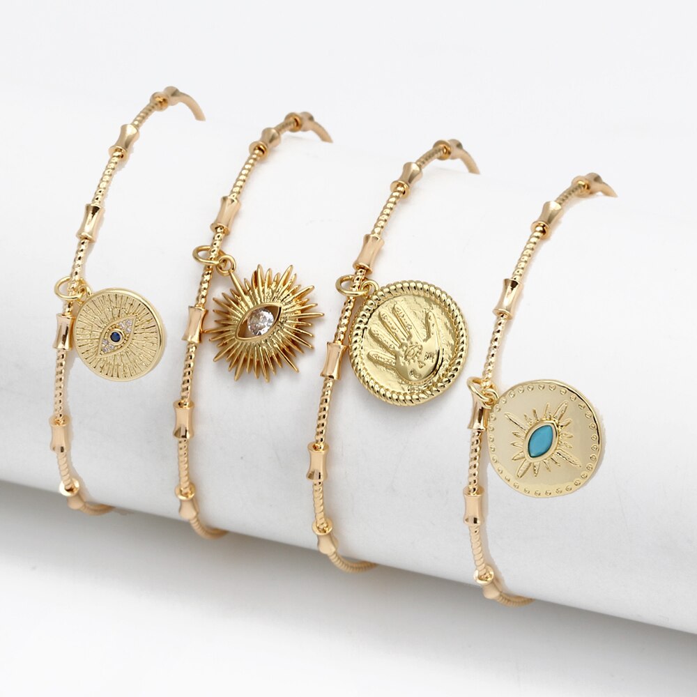 Lucky Eye Turkish Blue Evil Eye Bangle Copper Adjustable Fatima Hand Charm Cuff Bracelet