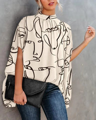 Casual Loose Women Blouse  Batwing Sleeve Print O-neck